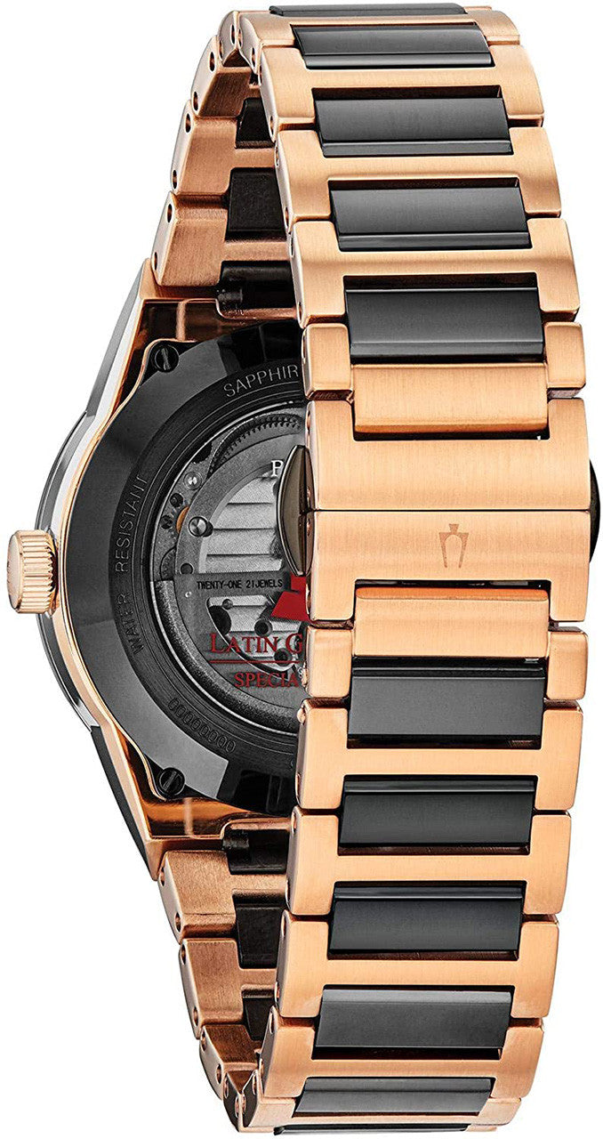 Bulova Latin GRAMMY® Black Dial Rose Gold Stainless Steel Mens Automatic Watch 98A236. starbuy