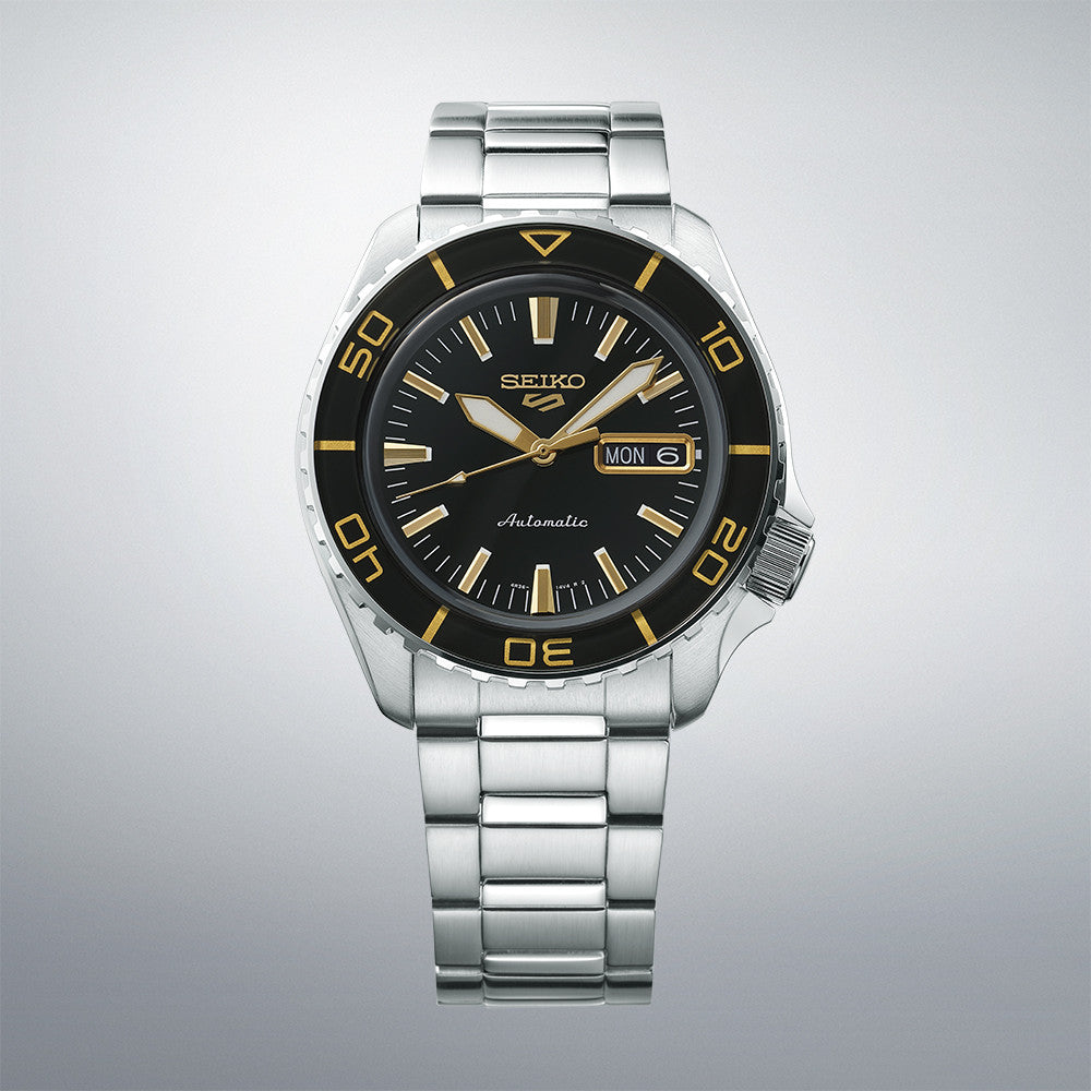 seiko 5 sports skx series black gold dial mens automatic movement watch srpk99k
