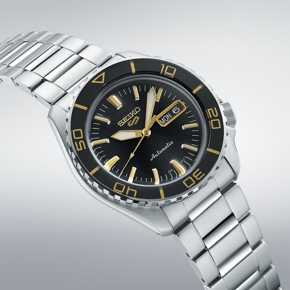 seiko 5 sports skx series black gold dial mens automatic movement watch srpk99k